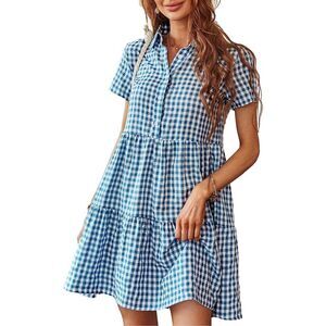 NEW Casual V Neck Plaid Tunic Shirt Dress Short Sleeve Summer Mini L
